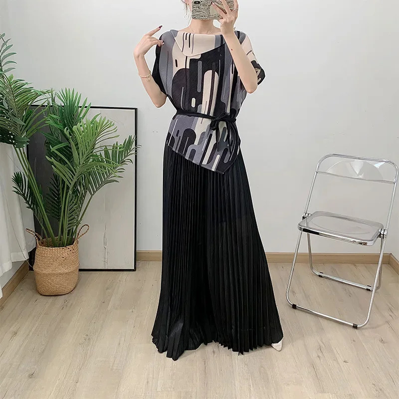Printed Miyake Pleated Pant Sets Women Contrast Color Tops Wide Leg Trousers Elegant Two Piece Sets 2025 2AN5903 250210