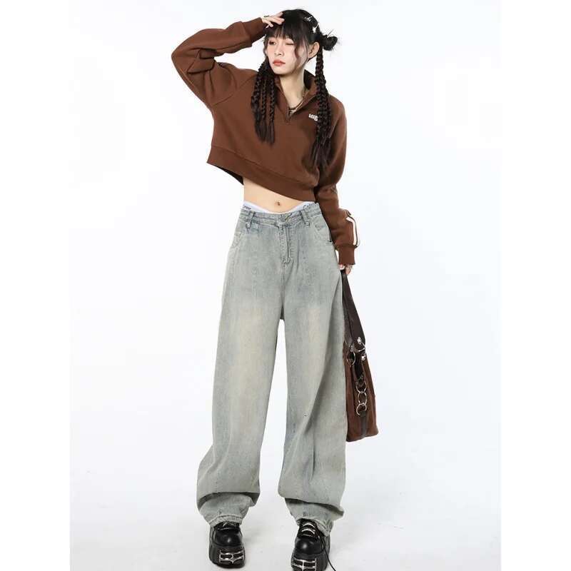 Blue Womens Jeans High Waist Vintage Straight Baggy Pants Streetwear American Style Fashion Female Wide Leg Denim Trouser