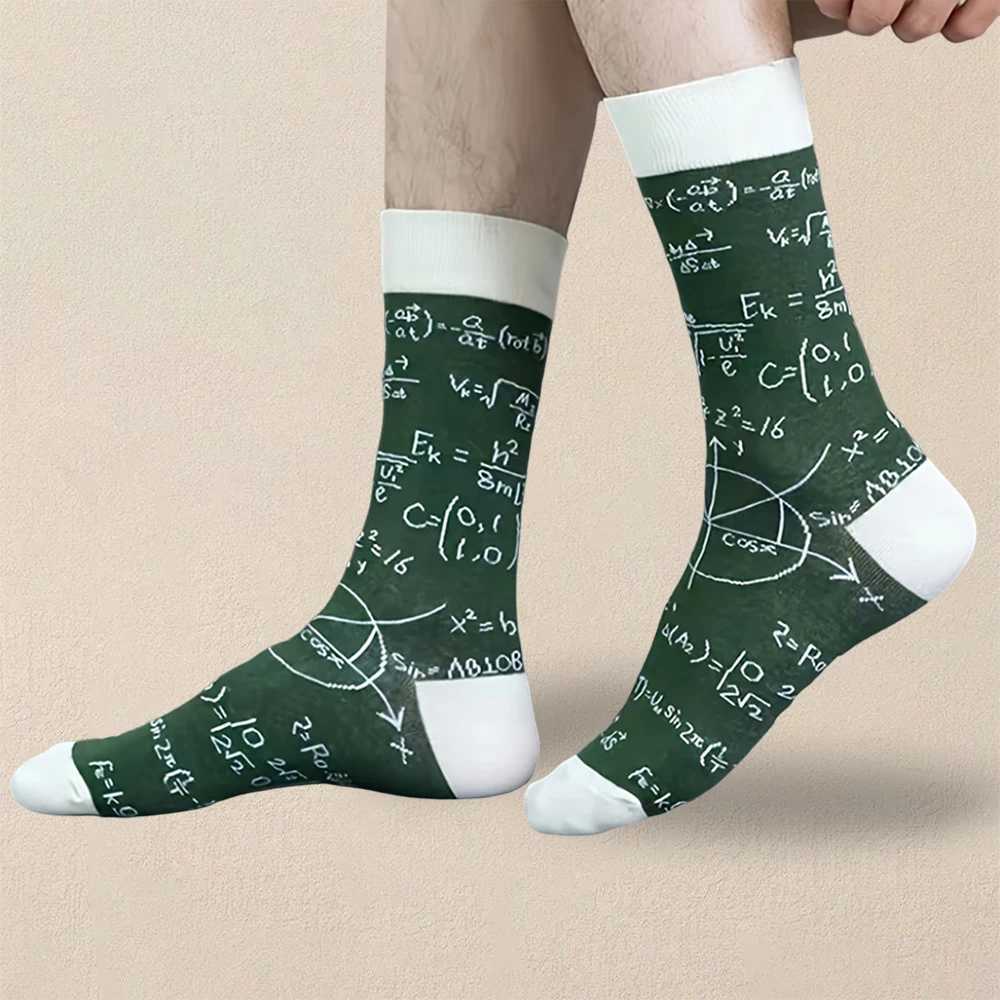 Pair Men Mathematical Letter Pattern Round Neck Socks Casual Fashionable Creative Breathable Comfortable Mid Length Socks W250217