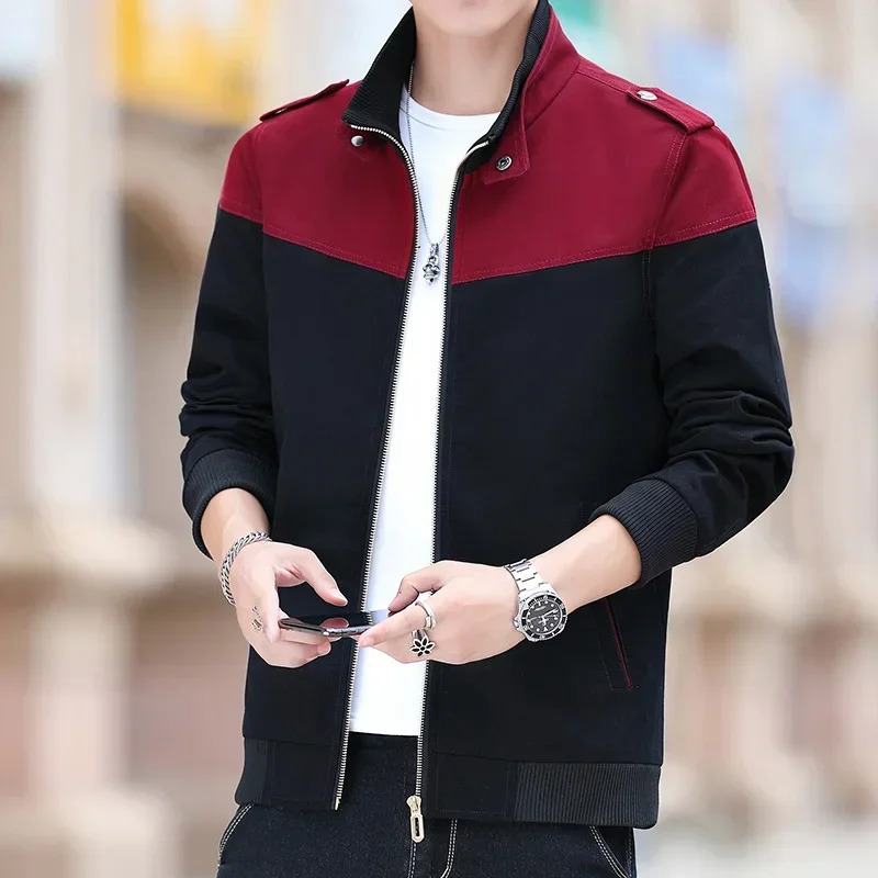 Pure Cotton Jacket Spring Mens Casual Color Blocking Zipper Stand Up Collar Coat Outdoor Fashion Versatile Baseball Clothing 250212