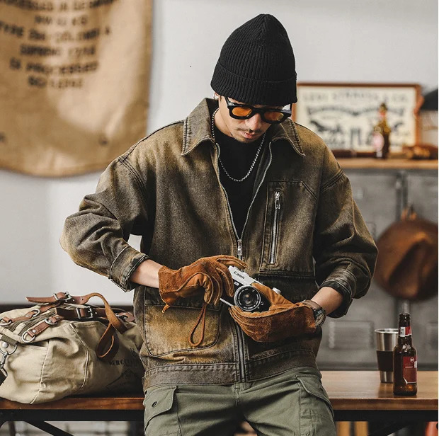 Spring and Fall Mens plussize Cyberpunk Waste Denim jacket High quality pure cotton rustwashed functional work size5XL 250212