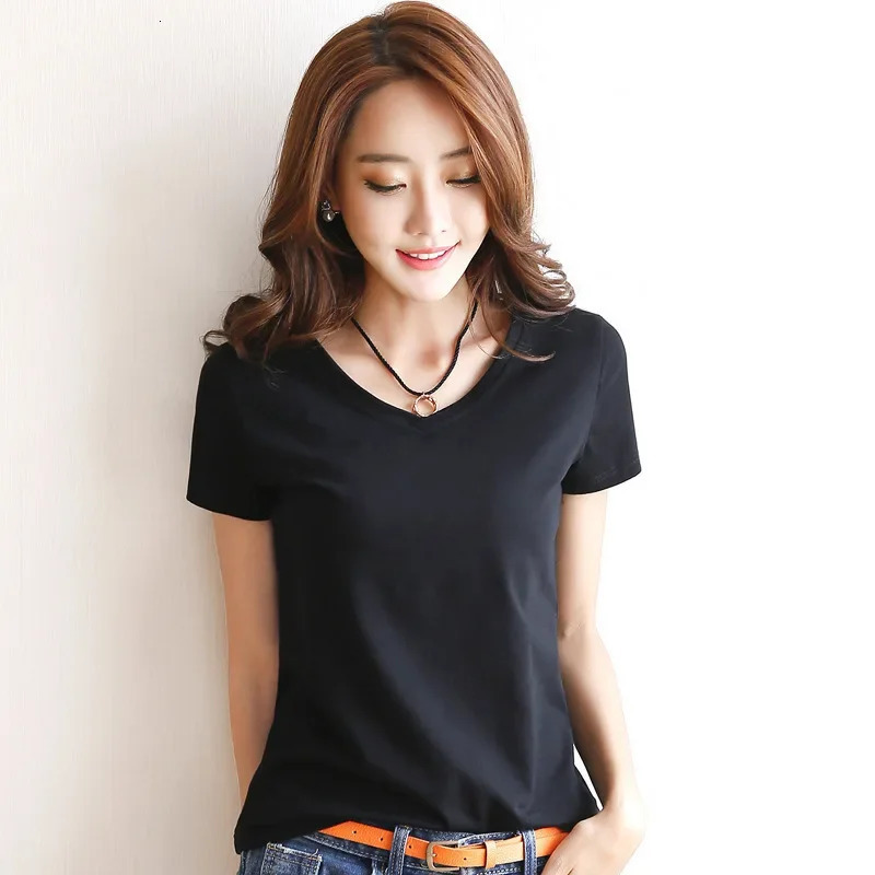 Spring Summer Women Cotton T-shirt Black V-Neck Short Sleeve Female Tee Slim White T-Shirt Casual Solid Lady Tshirt Tops 250217
