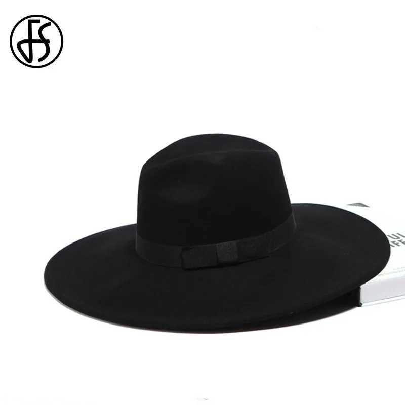 FS Chapeau Feutre Femme Fedora Womens Hat Elegant Black Womens Wide Brim Sombreros Jazz Church Hat Bow Panama Fedoras Top Hat W250217