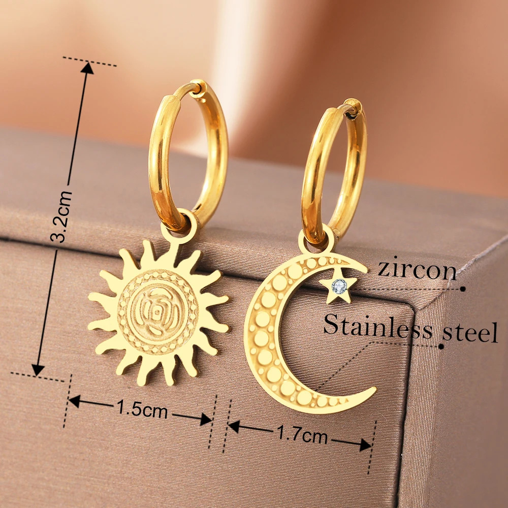 Stainless Steel Earrings Vintage Elegant Sun Moon Crystal Dangle Trendy Exquisite For Women Jewelry Party Gift 250213