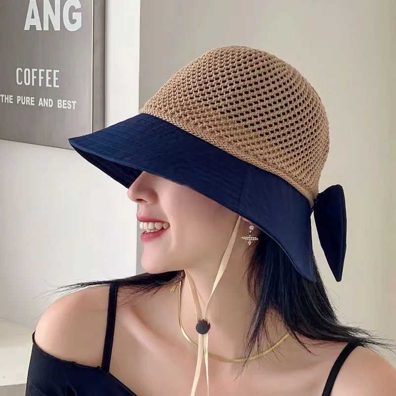 Outdoor UV Protection Sun Hat Summer Womens Bucket Foldable Basin Sunscreen Cap Bow Hollow Stitching Panama Hats Fisherman W250217
