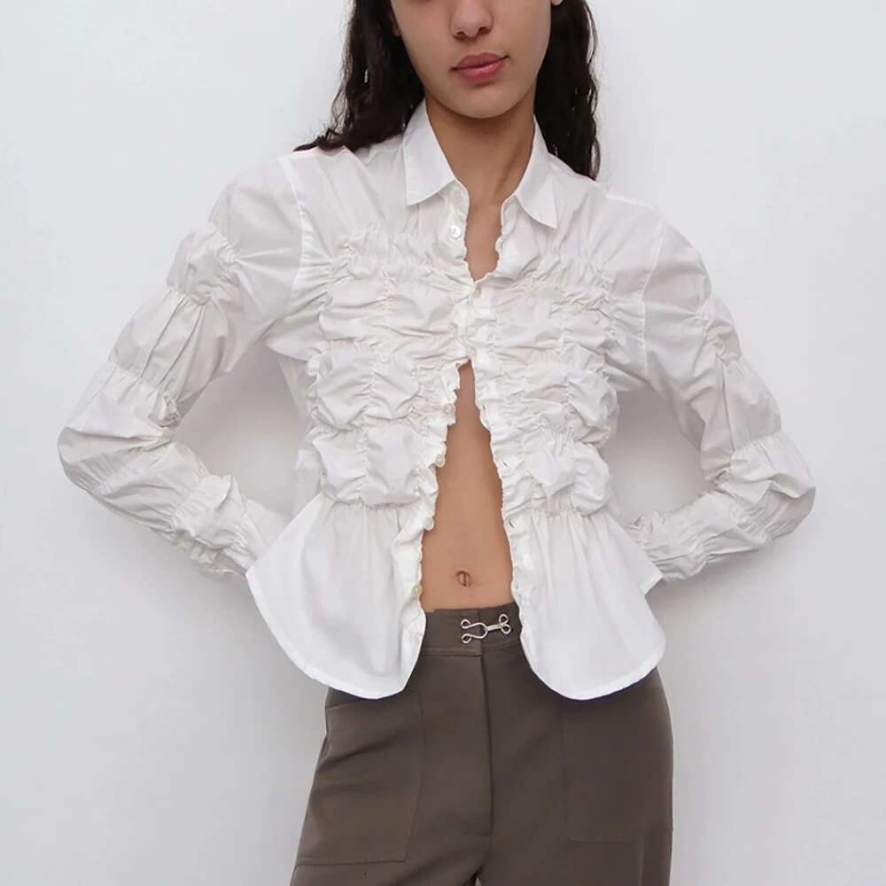 Cotton Women's Blouse Y2k Fashion Personalized Stretchy Drawstring Pleated Slim Polo Collar Long Sleeve Shirt Tops 2025 Fall New