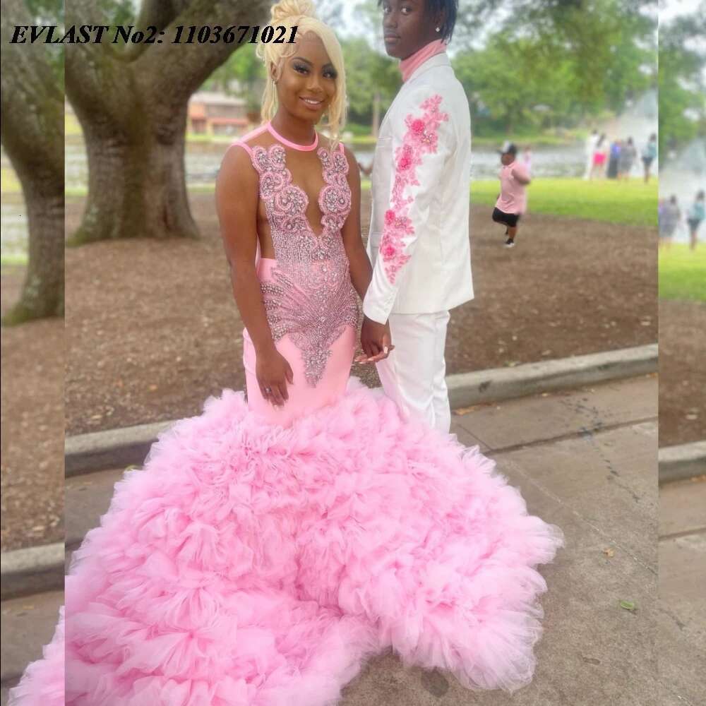 Customized EVLAST African Blush Pink Mermaid Prom Dress For Black Girls Crystal Beaded Ruffles Formal Party Evening Gown E P mal