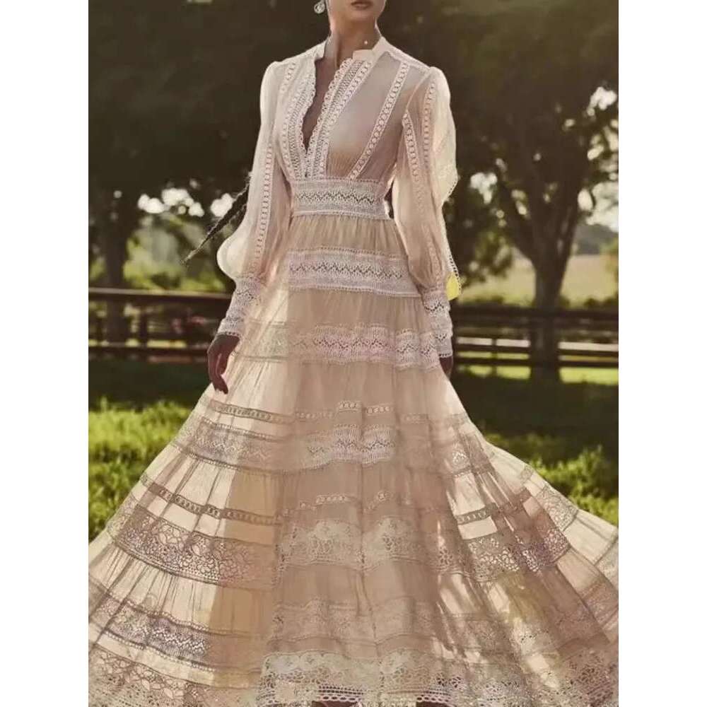 Elegant Women's Mesh Hollow Out Design Dresses Round Neck High Waist Long Sleeve Evening Dress Spring 2025 New