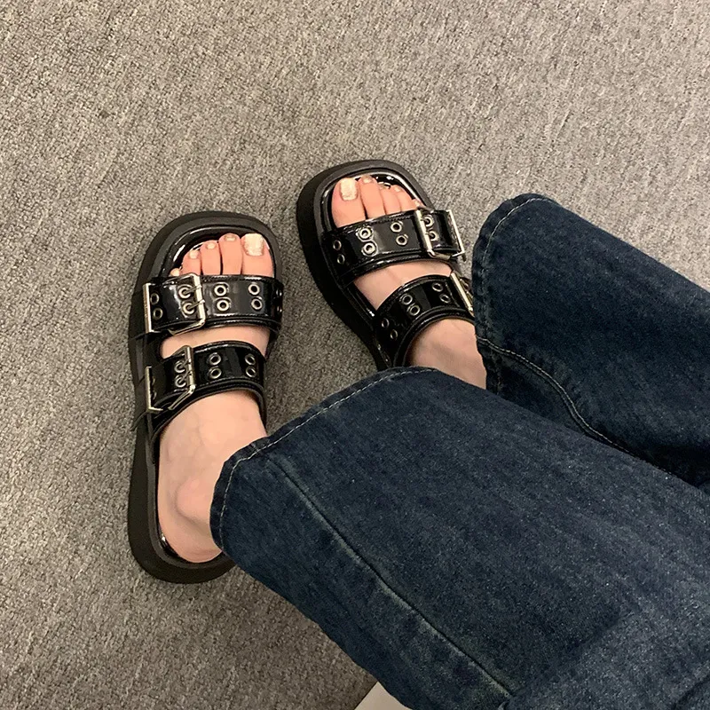 Soft High Heeled 2024 Woman Belt Double Buckle Sandal Beach Designer Slippers Platform Flat Shoes Female Summer