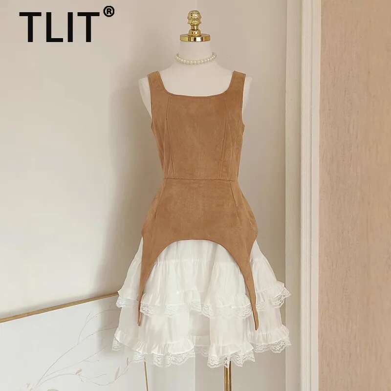 Elegant Women's Color Block Lace Ruffled Dresses Square Collar High Waist Sleeveless Slim Dress Spring 2025 New