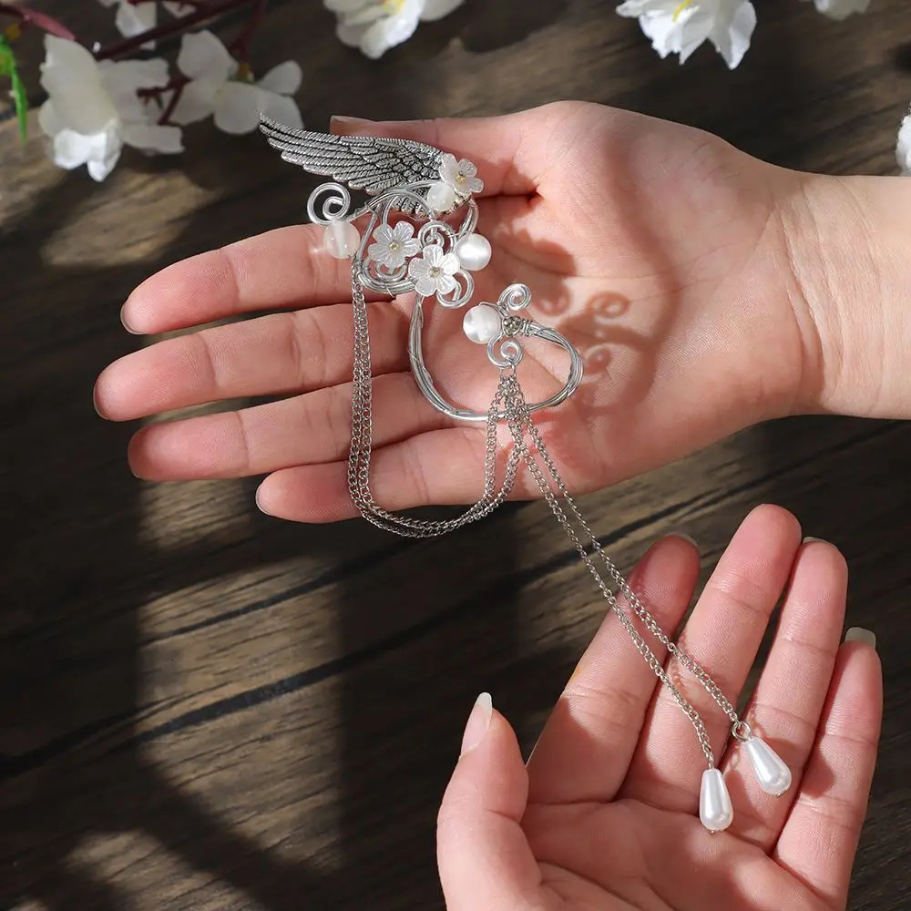 Charm Fairy Long Tassel Elf Ear Cuff Wrap Wings Resin Flowers No Piercing Elven Clip On Earrings For Women Cosplay 250213
