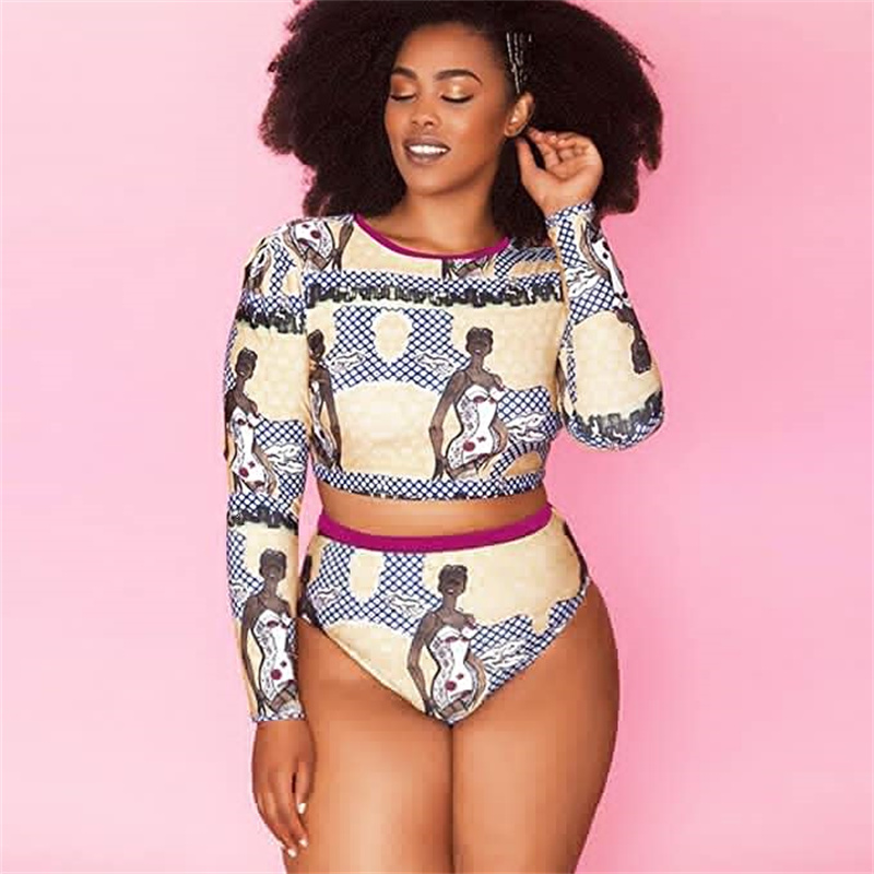 Womens Sexy High Waist Rash Guard Swimwear Long Sleeve Two Pieces Swimsuit