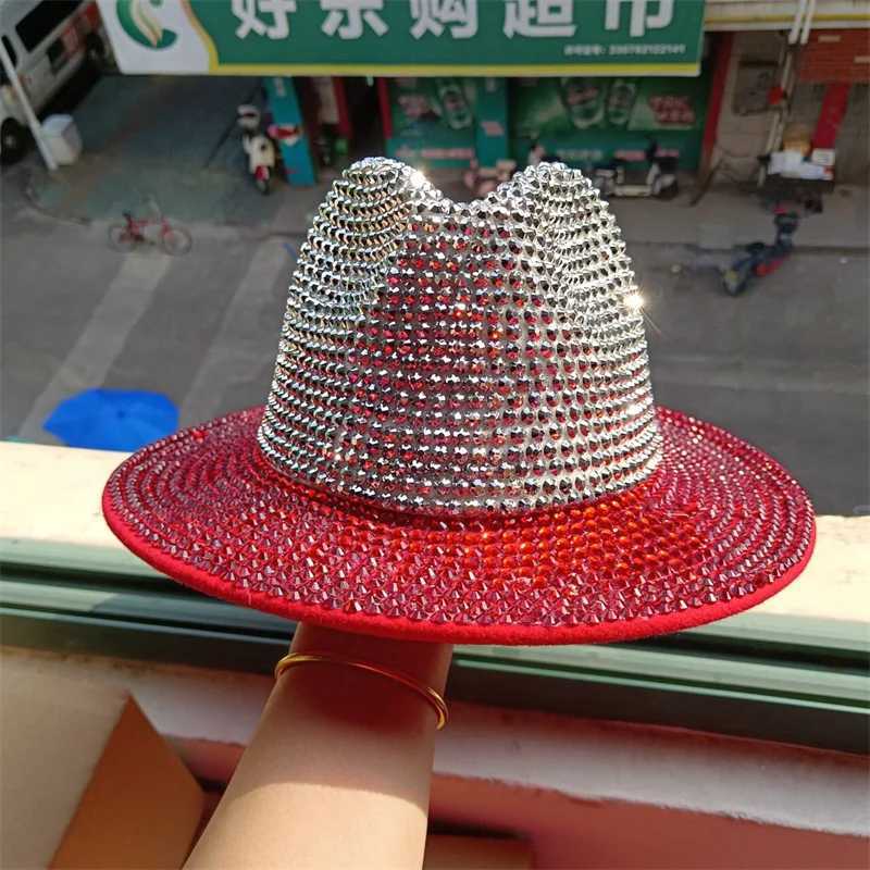 Red Rhinestone Cowboy Hat New Fedora Hat Panama New Womens Splicing Jazz Hat Party Stage Performance Female Hat X250217