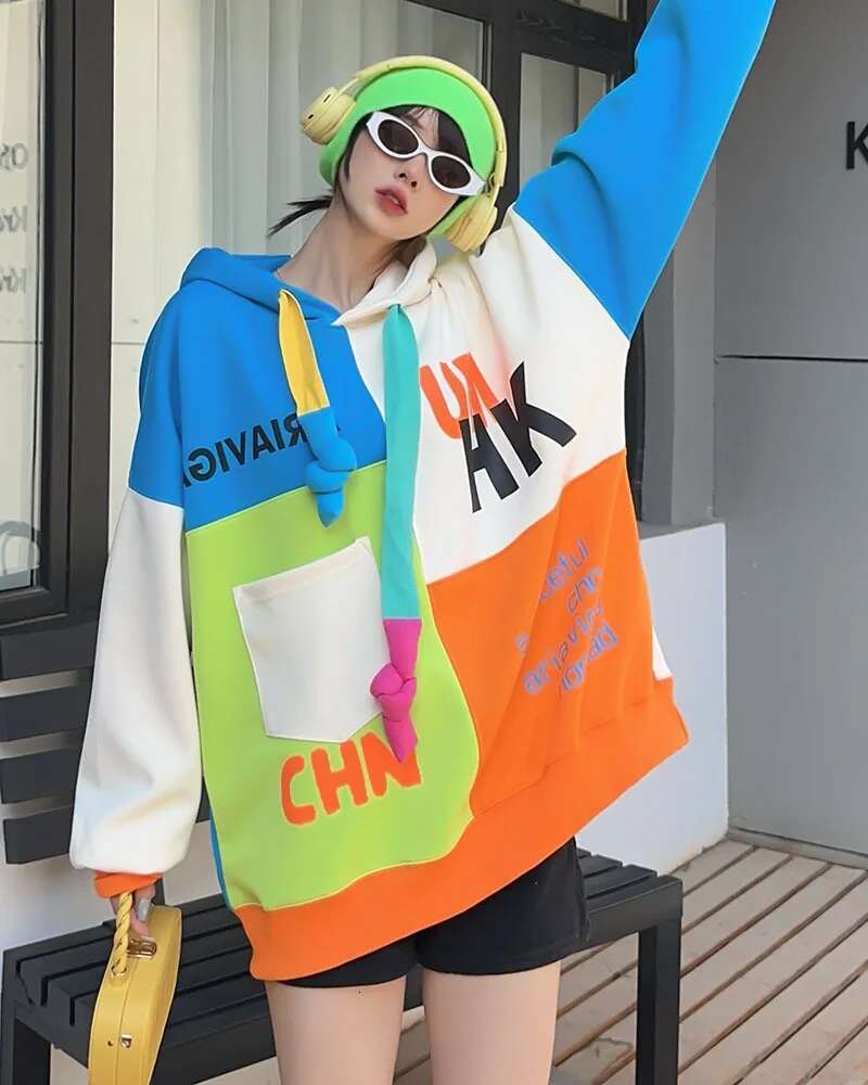 Letter Print Patchwork Oversized Hooded Sweatshirt For Women Y2k Clothes Japanese Korean Style Casual Loose Pullover Top Bust132