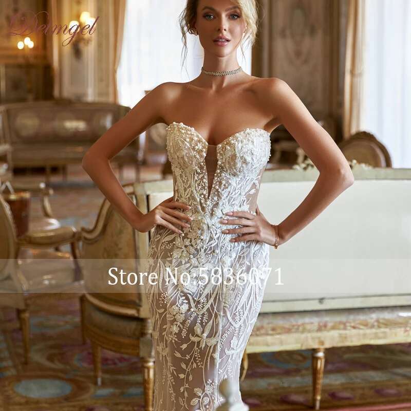 Pearls Detmgel Beaded Strapless Mermaid Wedding Dress Exquisite Appliques Detachable Train Trumpet Bridal Gown Customized