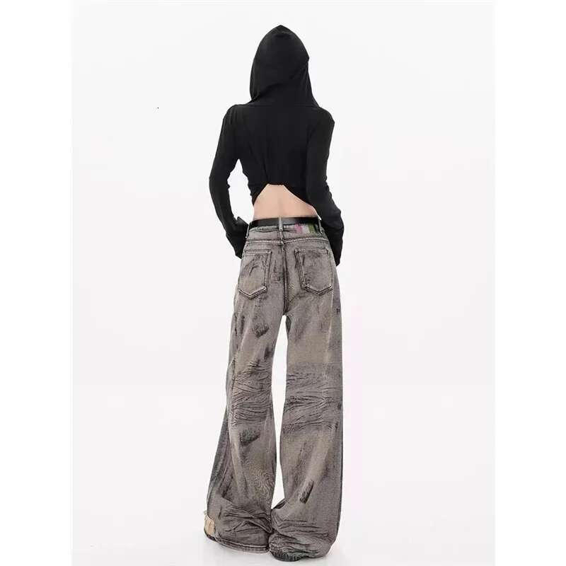 Grey Jeans Women Y2k Vintage High Waisted Straight Trouser American Streetwear Loose Girl Wide Leg Classic Denim Pants