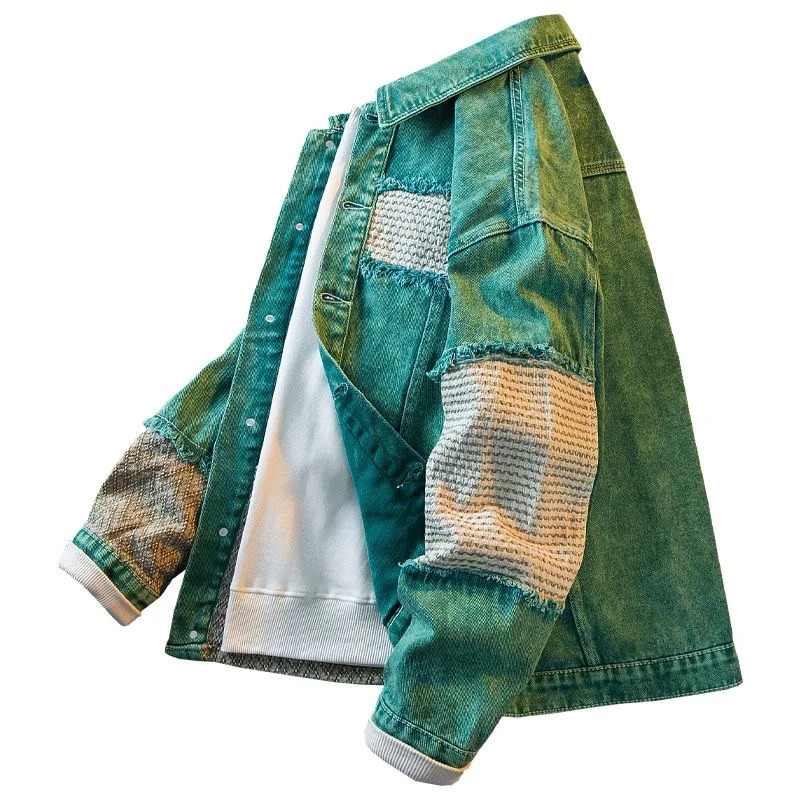 High Street Green Denim Patchwork Jacket For Men Autumn Long sleeve Coat Fashion Retro Casual Loose Jeans Tops Clothing 250210