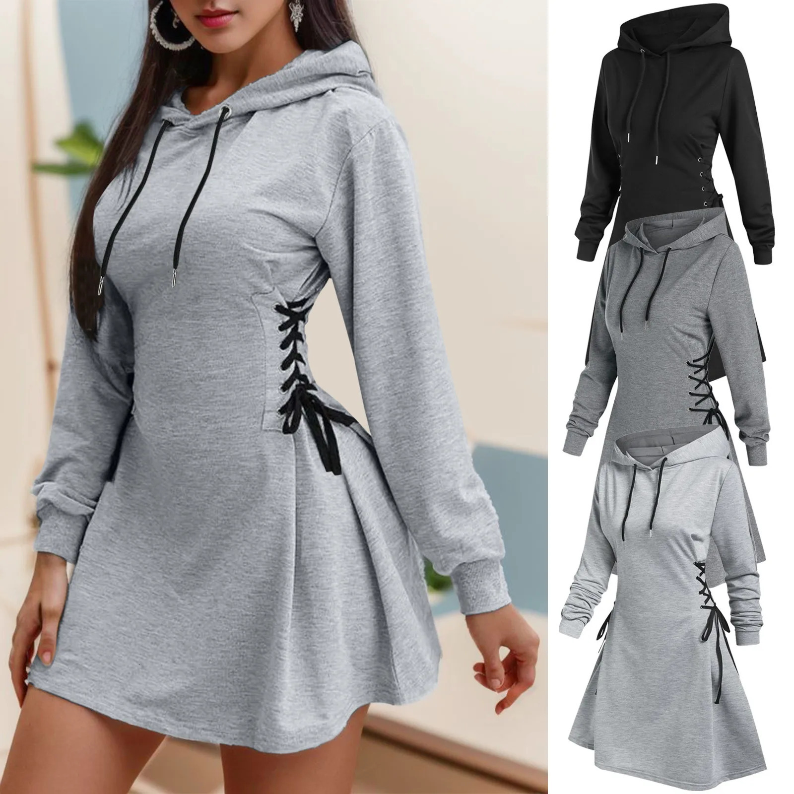 Women Tie Waist Mini Dress Hoodies V Neck Long Sleeves Slim Fit Sweatshirts Ladies Fashion Solid Drawstring 250213