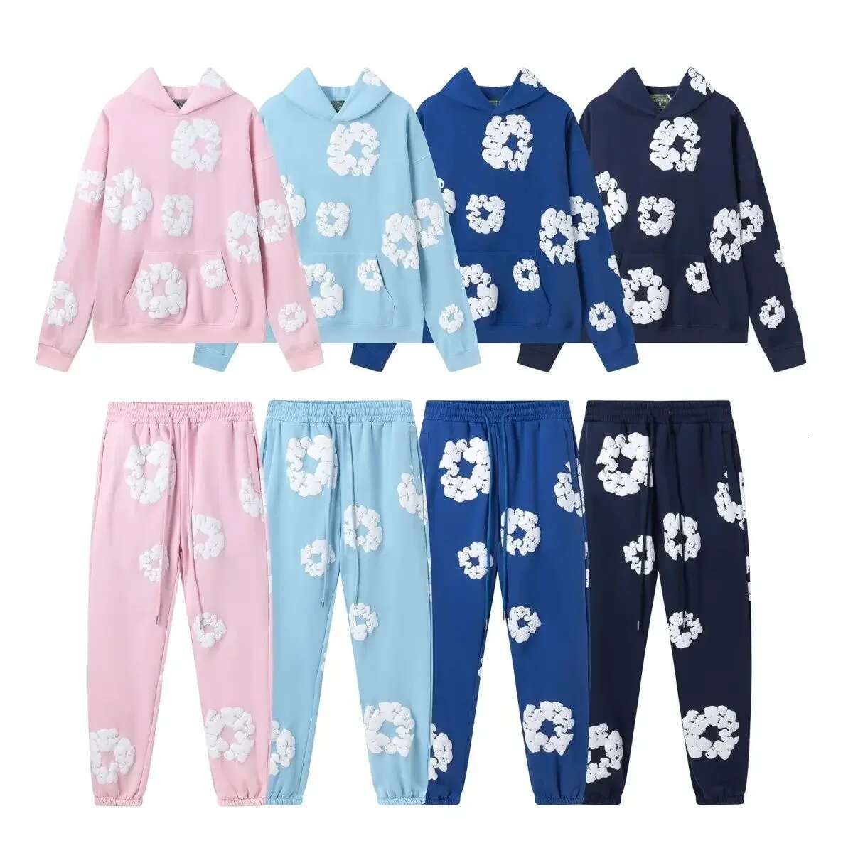 Fashion Quality New Men's Women's Same Kapok Foam Printing Hooded Long-sleeved Sweater Loose Fleece Sweatpants Set