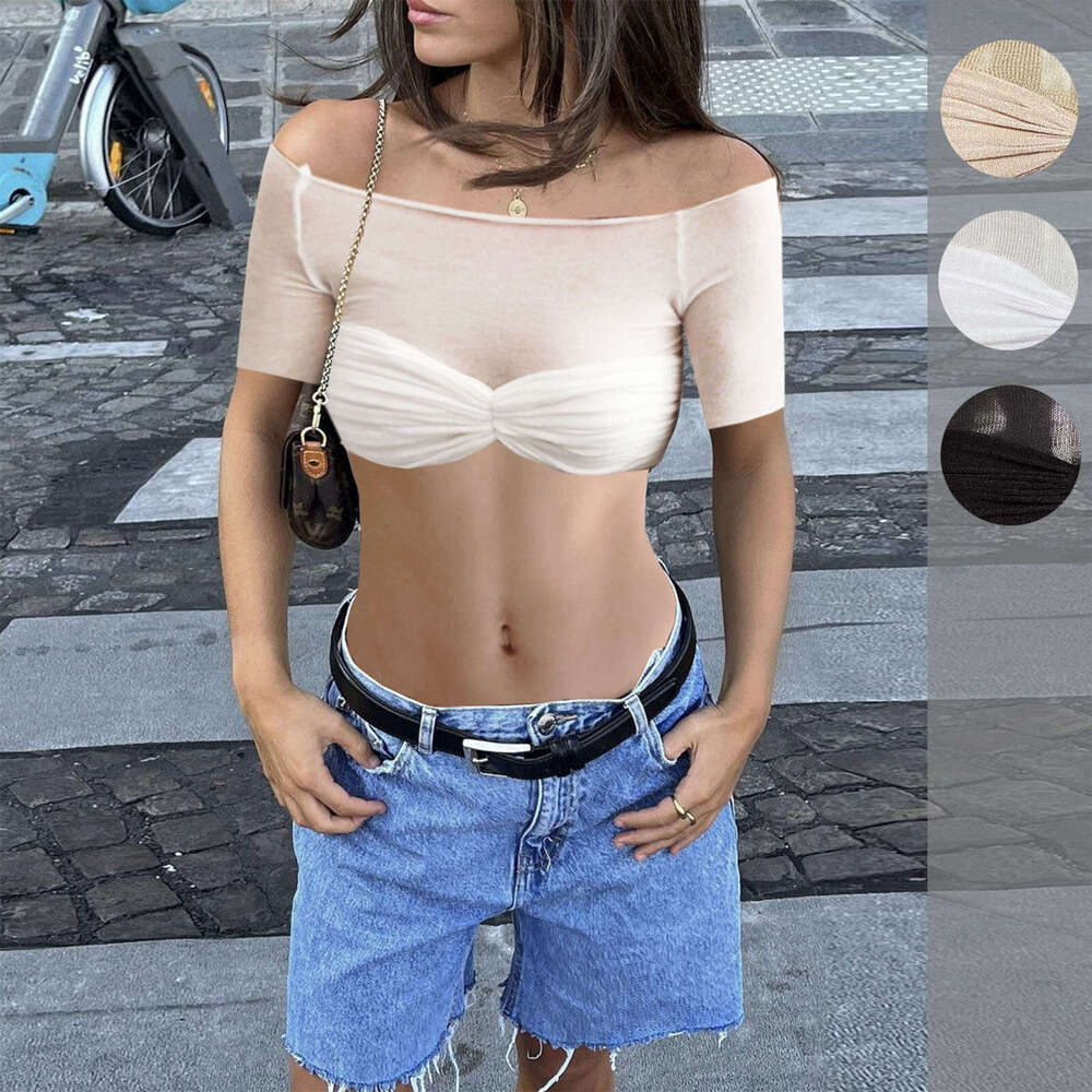 Spring/Summer Hot selg Women's One Word Neck Perspective Short sleeved T-shirt 2025 New Casual Fashion Trendy Clothing