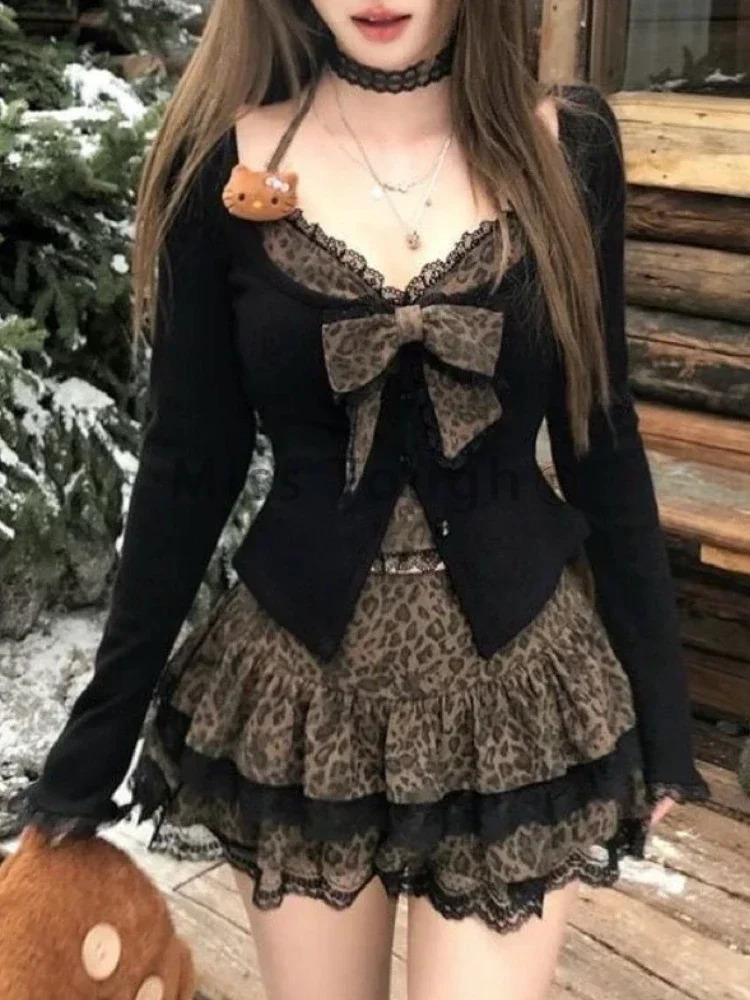 Autumn Winter Sexy Leopard Print Skirt Suit Women Two Piece Tops Lace Cake Set Japanese Y2k Bow Sets 2000s Clothing 250214
