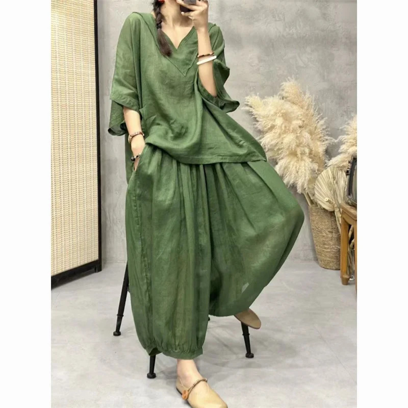 Loose Ramie Set For Women Large Size With Bat Sleeves V-neck Cotton Linen T-shirt Casual Lantern Pants Two-Piece Set For Summer 250210