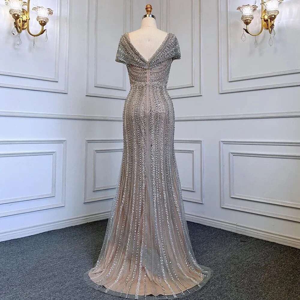 Nude Sier Mermaid Evening Gowns Customize Dubai Beading Sparkle Sleeveless Sexy Formal Dress BLA