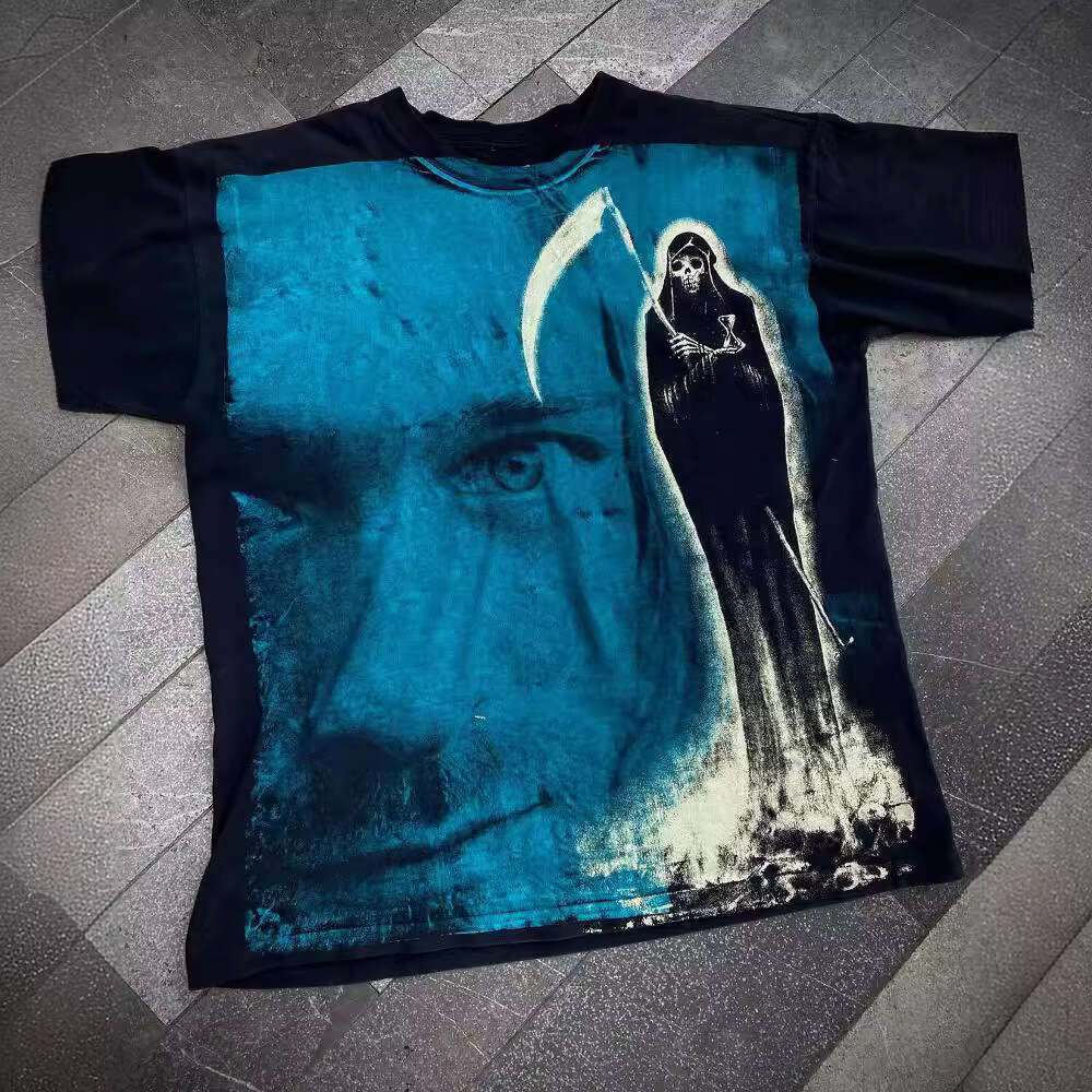 Round neck short sleeved loose T-shirt casual street style personalized wear printed pattern dark Gothic top