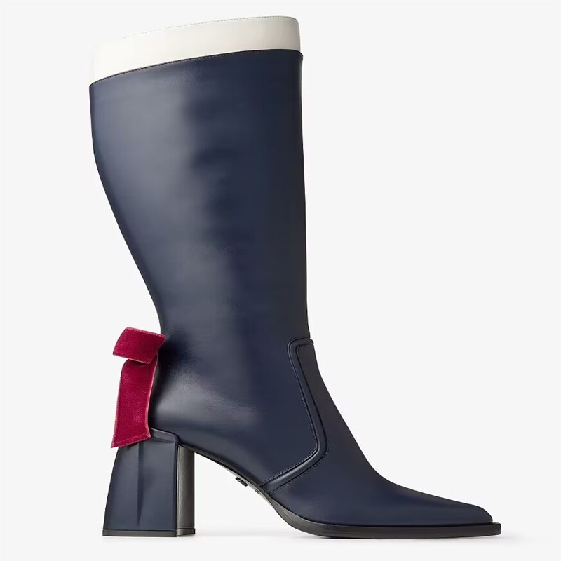 Large Bow Thick Heels, Long Boots, Color Matching, Square Toe Fashion, High For Women, Knight Boots
