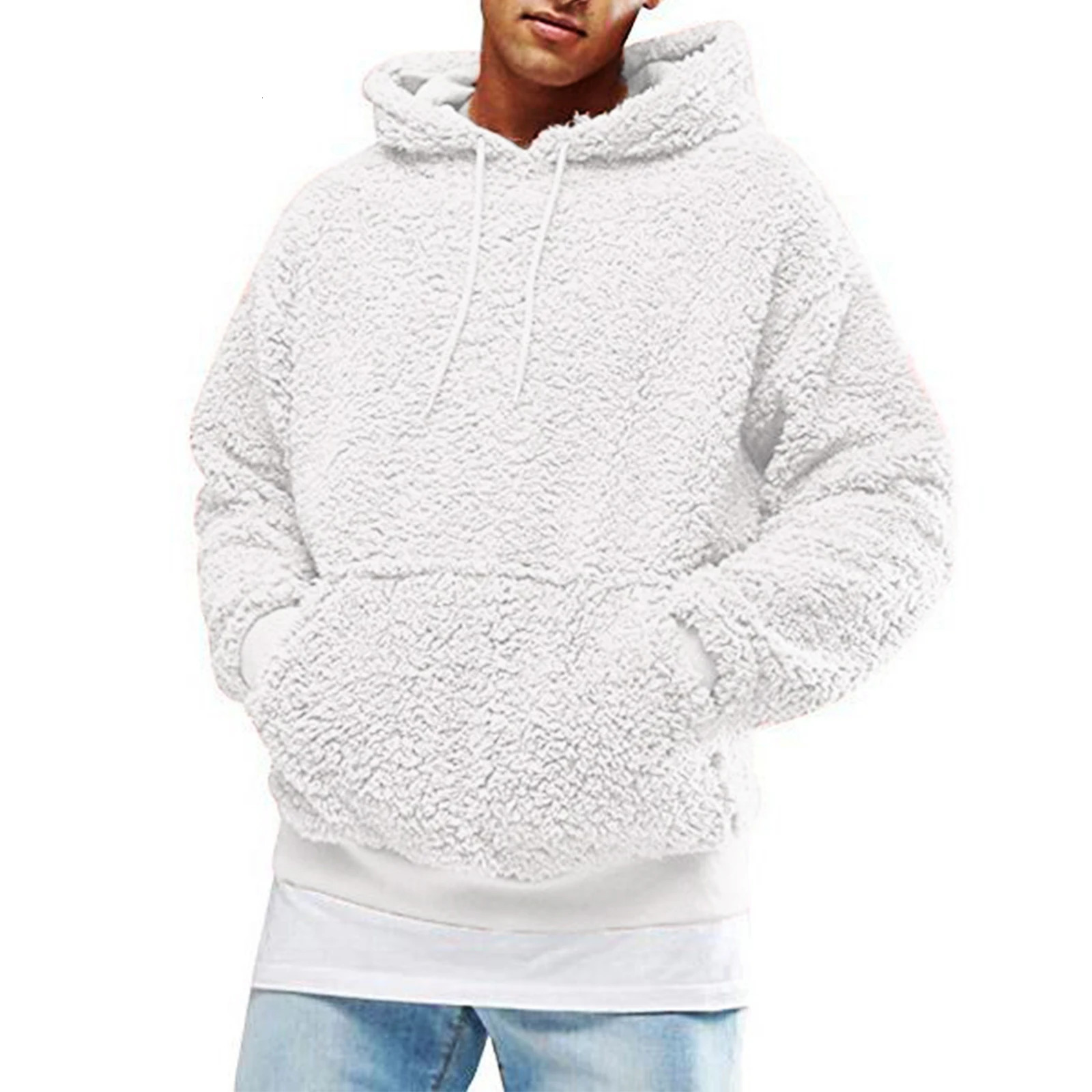Autumn Winter Plush Hoodies Solid Color Long Sleeve Hooded Pullover Men Warm Casual Wild Fit Fleece Sweatshirt with Pockets 250214
