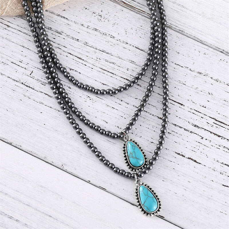 Bohemian ethnic style three-layer teardrop shaped turquoise black round bead necklace popular accessory