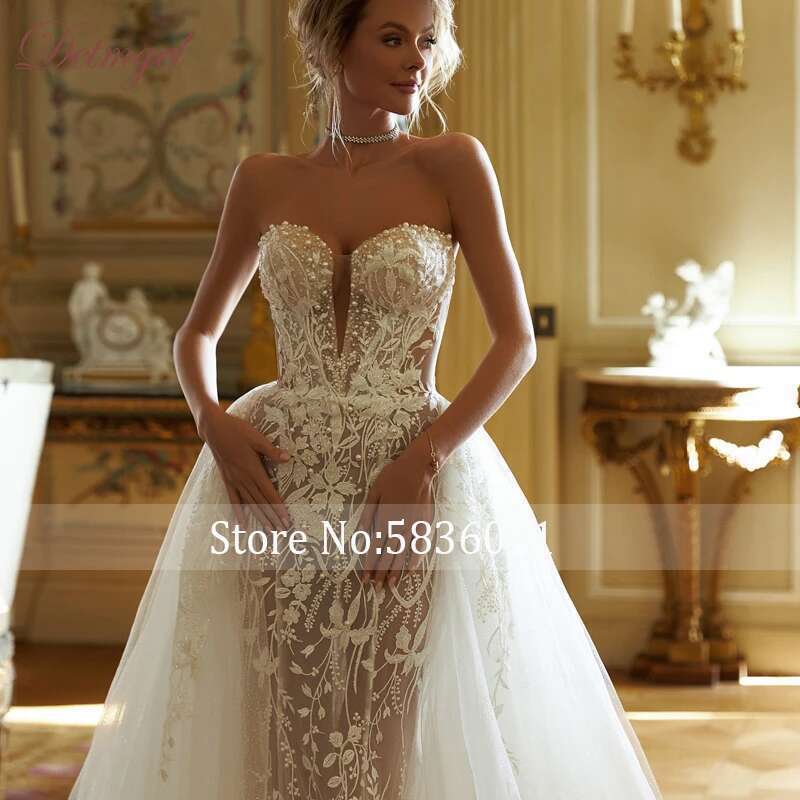 Pearls Detmgel Beaded Strapless Mermaid Wedding Dress Exquisite Appliques Detachable Train Trumpet Bridal Gown Customized