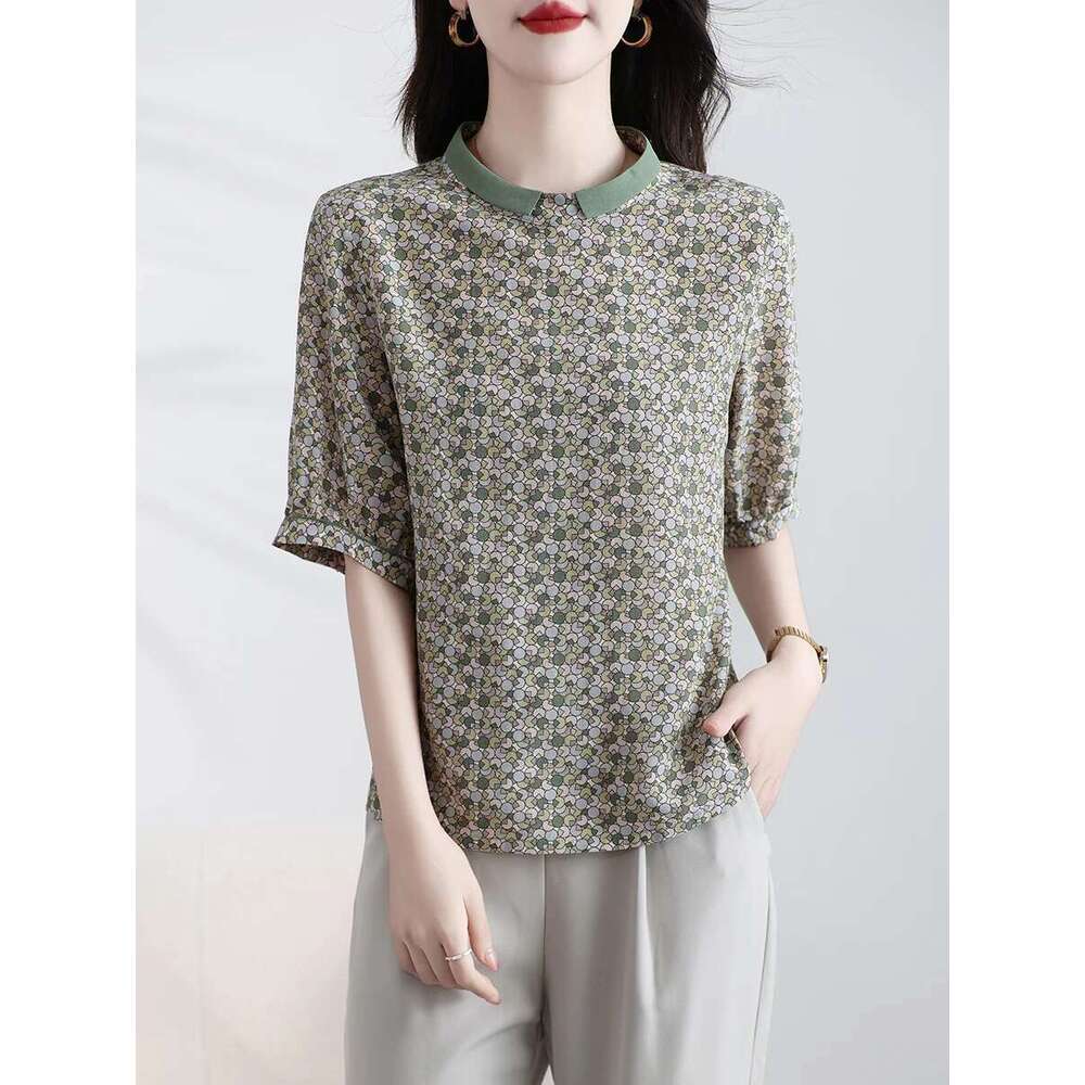 Women's top with half sleeves, fashionable mulberry silk design, waist cinching print, trendy small shirt, stylish summer