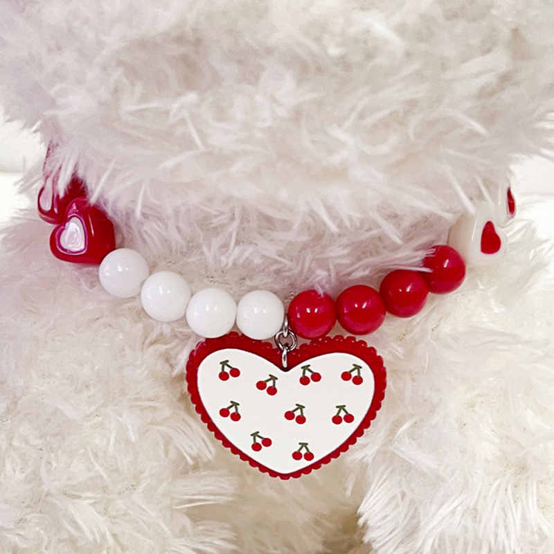 Dog Necklace with Red And White Bead Heart-shaped Pendant, Fashion Necklace for Girl Cats, Cute Pet Necklace Decoration, Adjustable Pet Collar for Sma