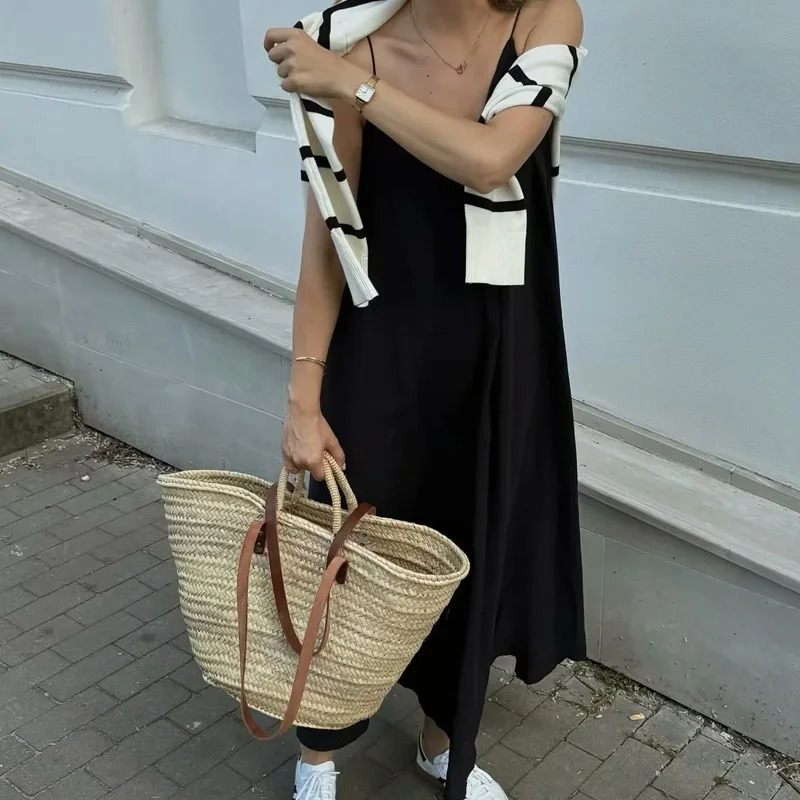 TRAF Slip Dress Women Summer Womens Loose Dresses Sleeveless Thin Straps Black Long Backless Beach Holiday 250214