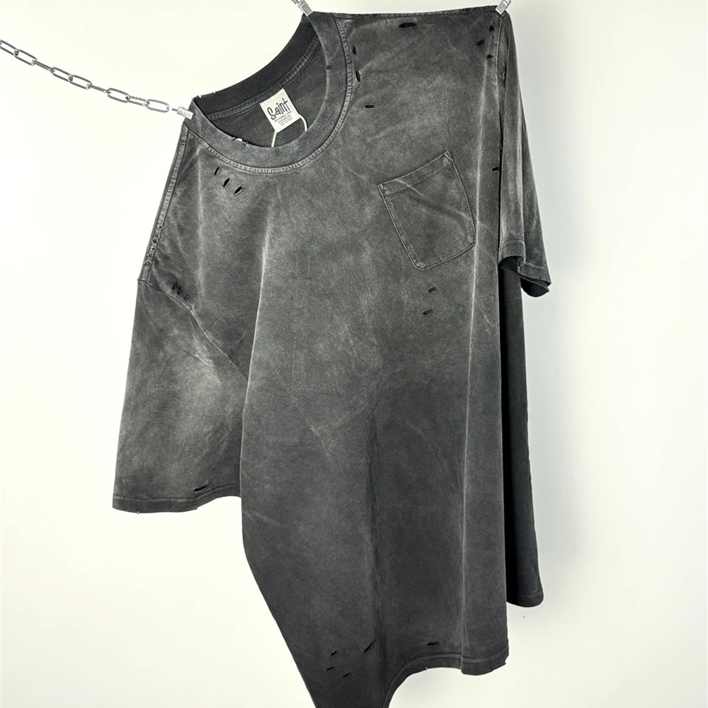 Frog Drift American Basic Style Retro Hole Solid Color Retro T-shirt 100% Cotton Top Summer Loose Mens Extra Large T-shirt 250213