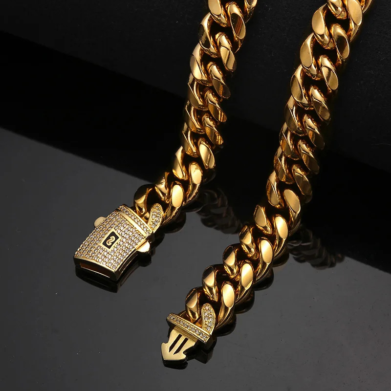 6-14mm Gold Color Stainless Steel Cuban Miami Chains Necklaces CZ Zircon Box Lock Link Chain for Men Hip Hop Rock jewelry 250213