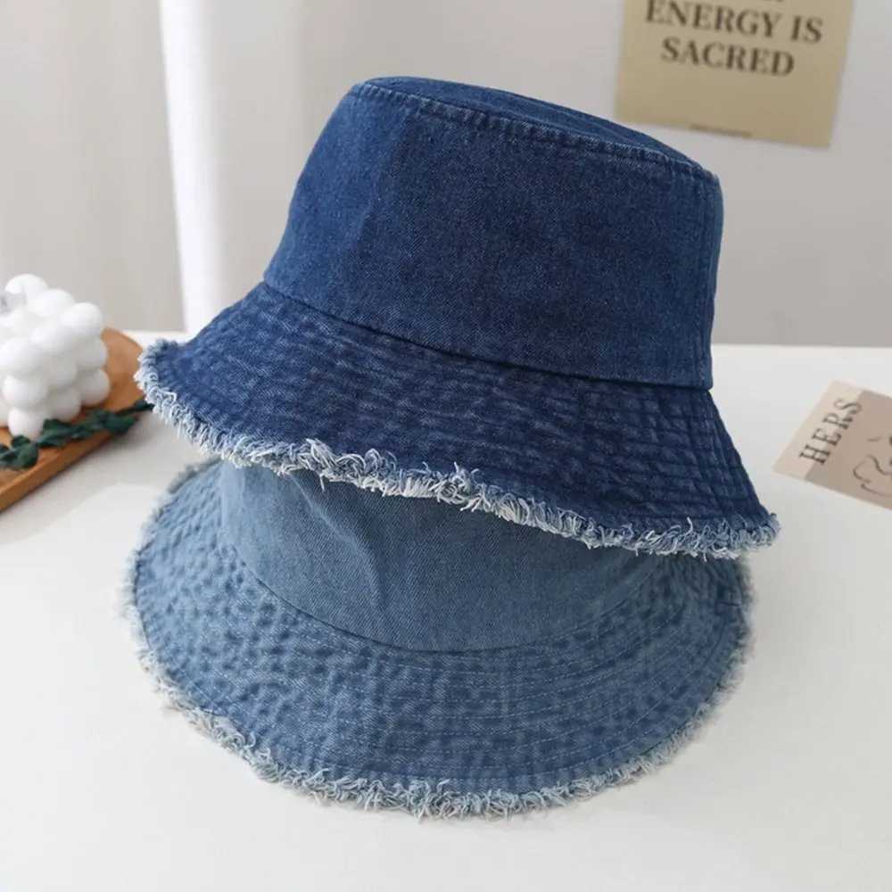 Sunscreen Hat Solid Color Fur Denim Fisherman Hat Denim Style Men Women Bucket Hat Fringed Edge Summer Vintage Bob Hat W250217
