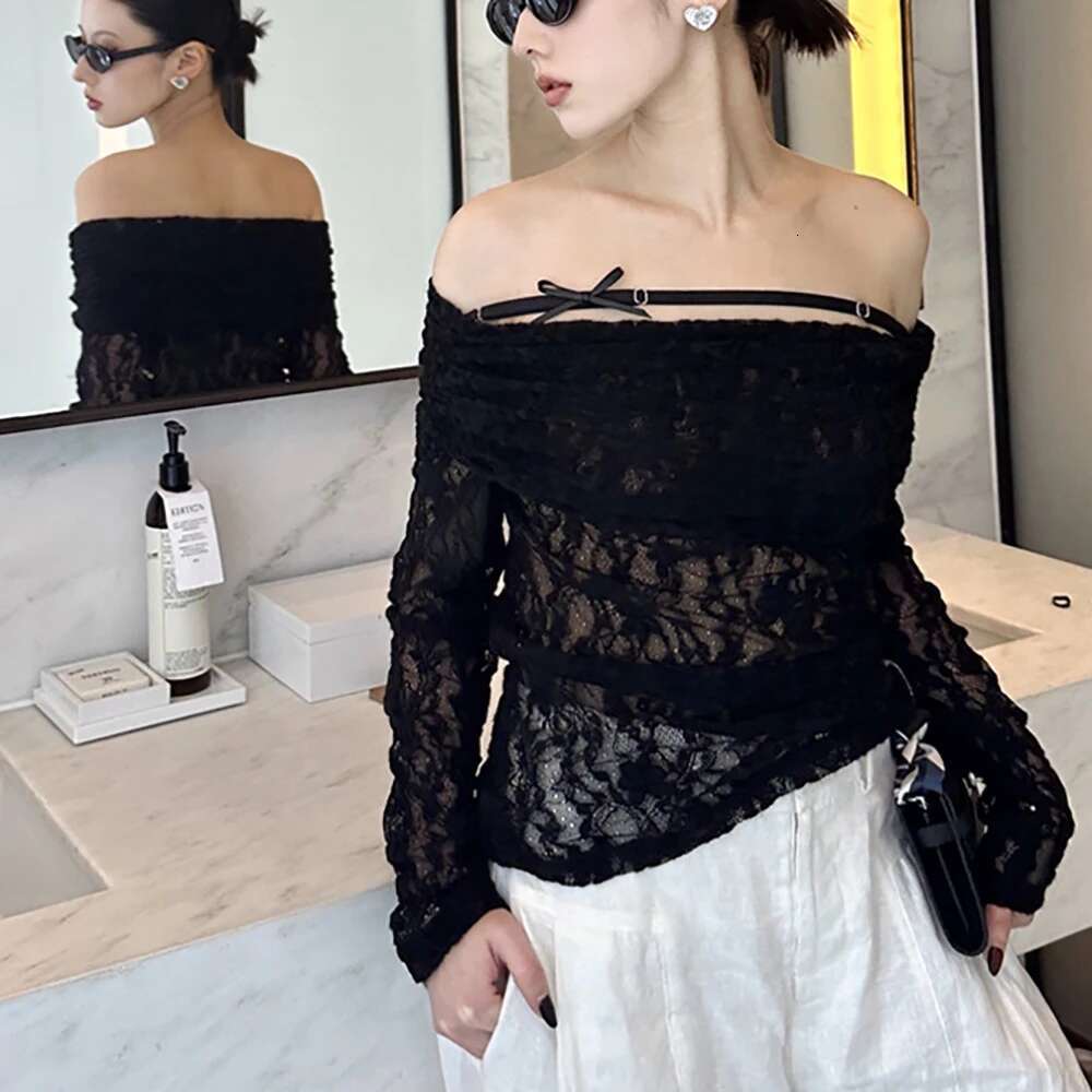 2025 Spring & Summer New Women's T-Shirt Y2k Sexy Strapless Slim One-E Collar Hollow Lace Fashion Hundred Long-Sleeved Tops