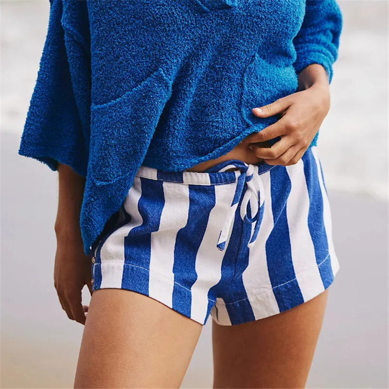 Women Y2K Pajamas Shorts Striped Boxer Shorts Block Color Elastic Waist Sleep Lounge Shorts Micro Bottoms Summer 250210