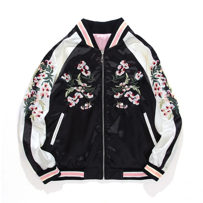 Womens Satin Sukajan ed Bomber Baseball Jacket Double Sided Female Coat Floral Harajuku Autumn Japanese silk Girls 250213