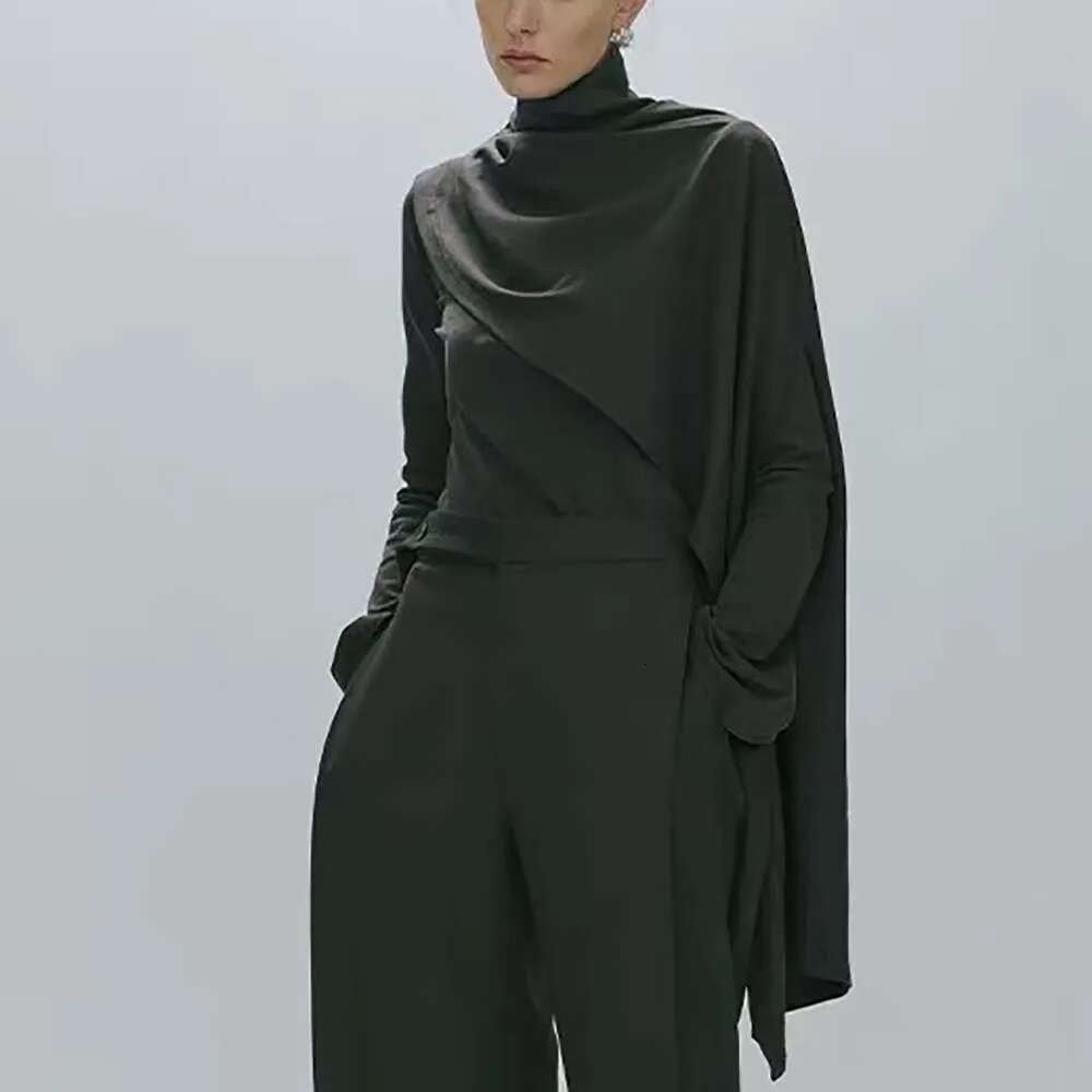 2025 Spring And Summer New Women's T-Shirt Y2k Simple Casual Commuter Flare Sleeve High Neck Shawl Style Top Two Piece Set