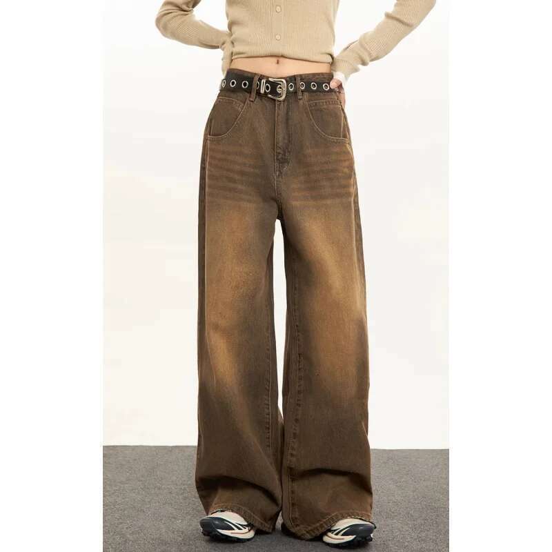 Women Brown Jeans Streetwear Fashion Y2k American Style High Waisted Wide Leg Jean Female Trouser Hip Hop Baggy 2025 Denim Pants
