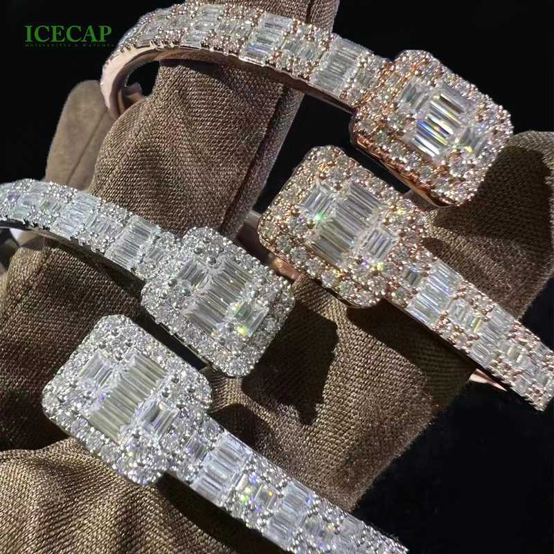 Hip Hop Jewelry 925 Sterling Silver Fashion Bangle Baguette cut Moissanite Diamond couple statement open bangle Bangle Bracelet