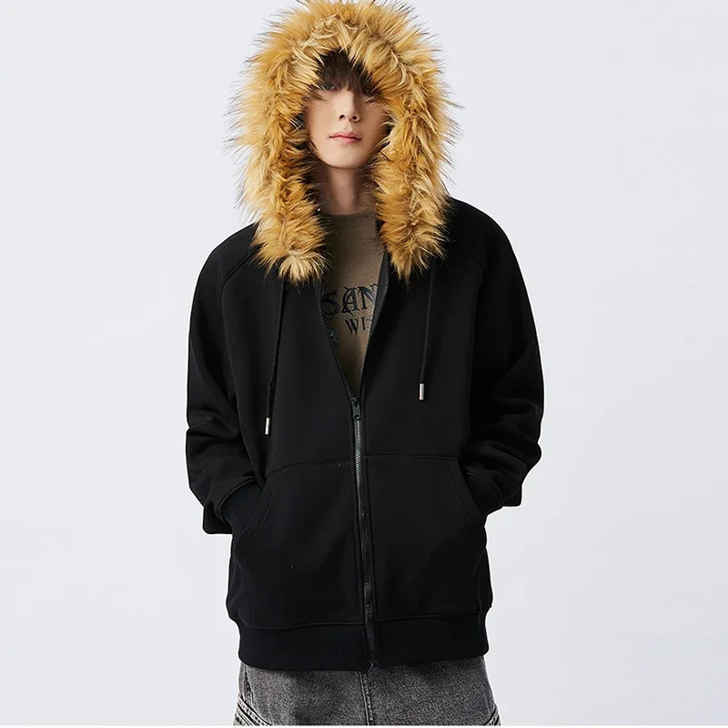 Casual Y2K Zipper Hoodie Mens Fur Collar Harajuku Streetwear Hip Hop Zipper Sweatshirt Retro Rock Loose Punk EMO Jacket 250211