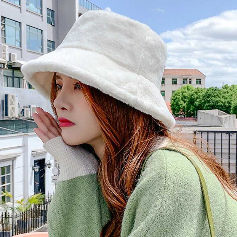 Womens Winter Warm Fluffy Fur Bucket Hat Soft Plush Wide Brim Fishermans Hat Korean Girls Outdoor Windproof Basin Hat Bob Visos W250217