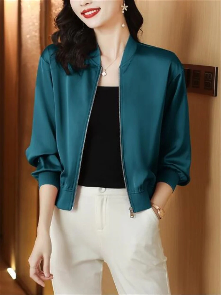 Silk Short Jackets Woman Coats Loose Satin Outwear Solid Color Cloth Zipper Baseball Jacket Spring Autumn Clothes Female 250213