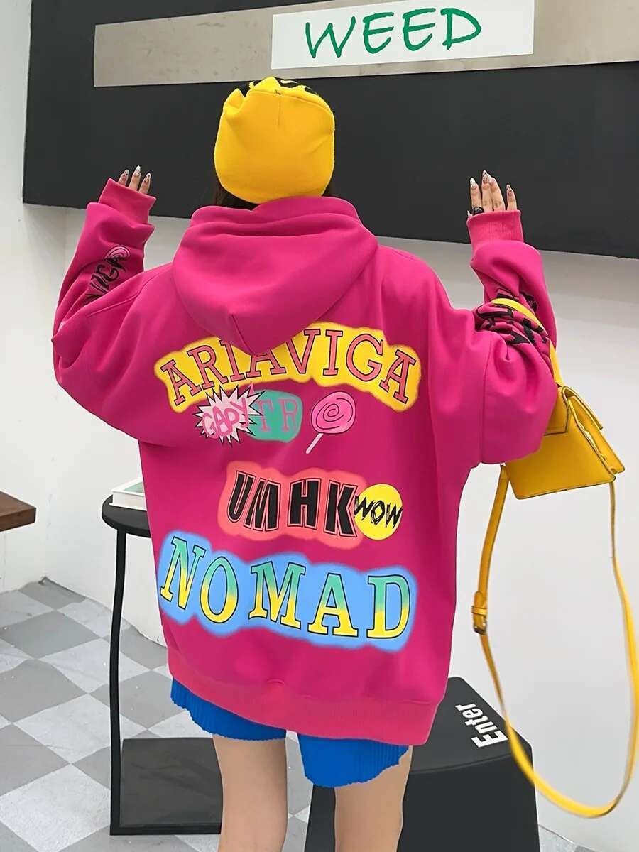 Cartoon Graffiti Plush Thickened Oversized Hoodie Sweatshirt Women Y2k Clothes 2024 Winter Casual Pullover Long Sleeve Tops Bust