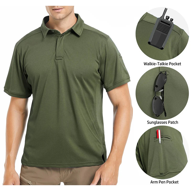 Mens Short sleeved Tactical Shirt Performance Outdoor Polo Summer UPF 50Breathable Fishing Golf Hiking US Size 250213
