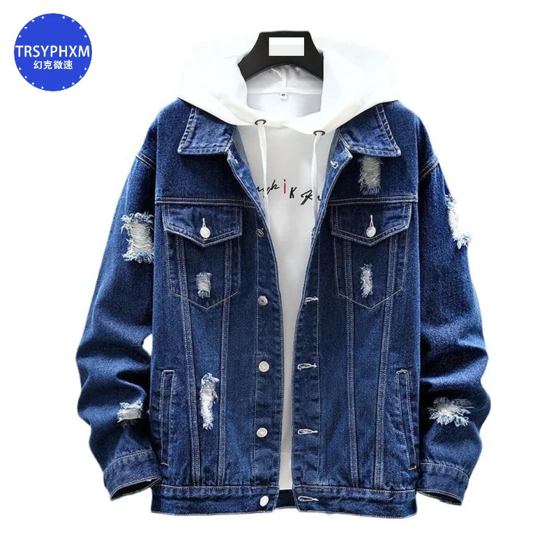 TRSYPHXM Autumn light blue denim lapel jacket for men teenagers casual versatile top mens clothing 250212
